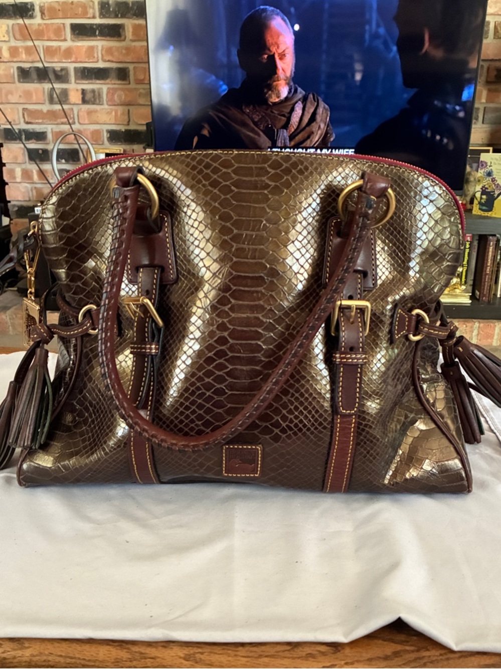 Dooney & Bourke Brown Python-Embossed Leather Tote with Burgundy Trim